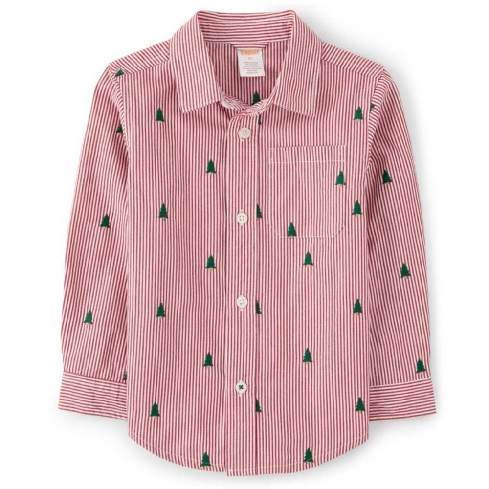Gymboree Boys Holiday Button Down Shirt Red/White Striped w/Christmas Trees Sz 7